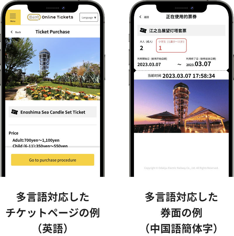 多言語対応したチケットページの例(英語)/多言語対応したデジタルチケットの例(中国語簡体字)